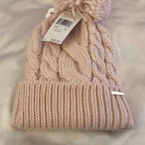 Michael Kors Soft Blush Pink Cable Knit Cuffed Beanie Hat Pink Pom Pom OS NWT - Picture 5 of 14